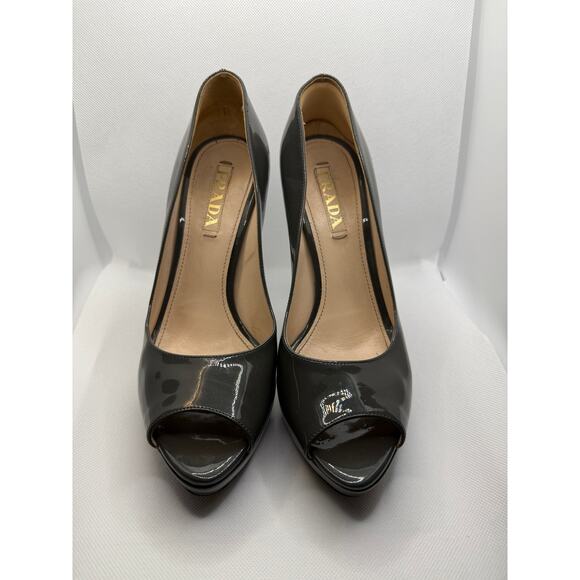 Prada Grey Patent Leather Peep Toe Stiletto Platform Pumps [EU 39 / US 9] - Picture 1 of 7